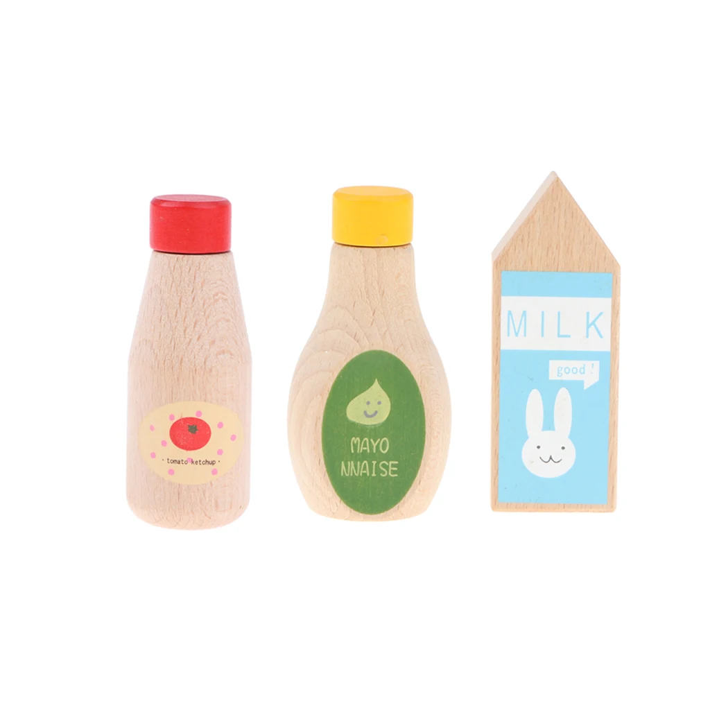 3pcs Kid Kitchen Pretend Toy Play House Wooden Tomato Ketchup Milk Bottles