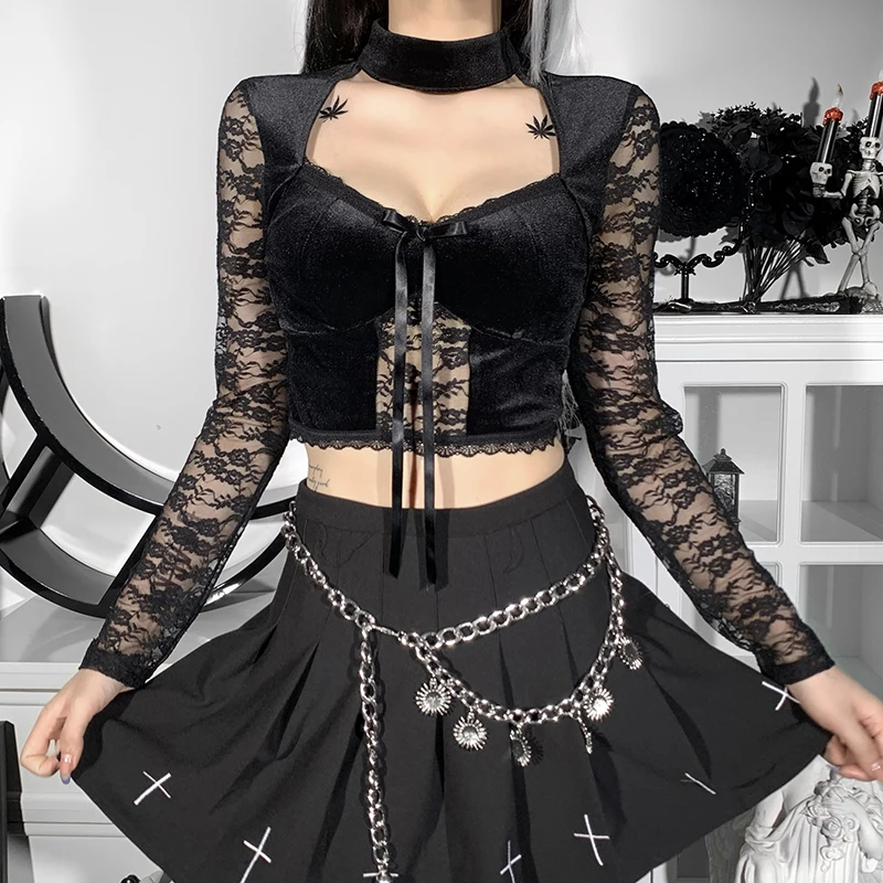 E-girl Black Velvet Croset Crop Tops y2k Aesthetic Elegant Lady Sexy Hollow Out Lace Up T Shirt Gothic Mall Goth Emo Alt Clothes