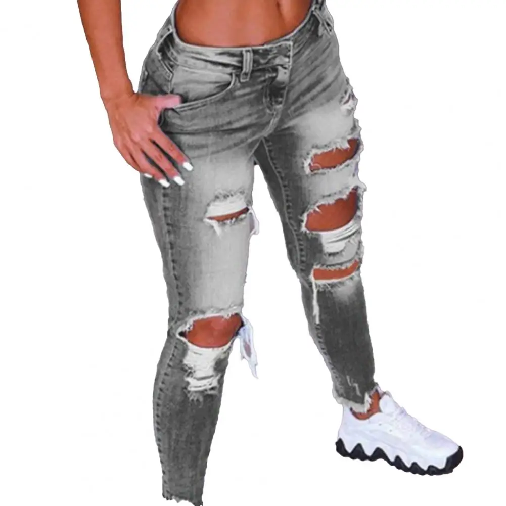 Ele-choices S-3XL Fashion Women Jeans Low Waist Hip Lift Ripped Holes Skinny Denim Pencil Pants Trousers for Work Daily cargo pants