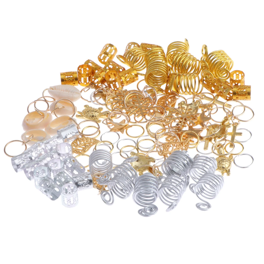 120Pcs Mixed Golden Silver  Beads Hair Rings Pendant Charms, No Rust