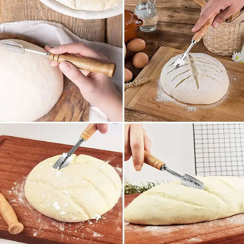 Bread Lame Slashing Tool with 5 Razor Blades Leather Cover Dough Cutter Handcrafted Bread Scoring Knife Lame For Homemade Pizza baking tools and equipment