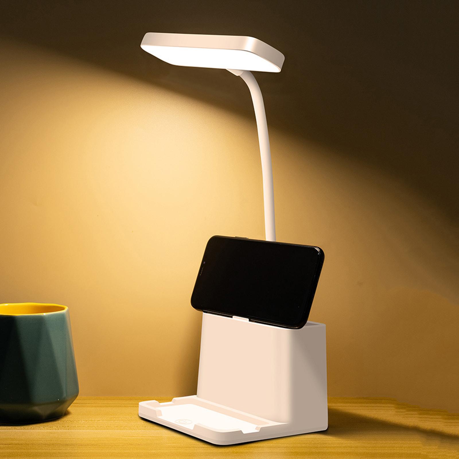 LED Desk Lamp, W/ Double Pen Holder & up Down Phone Bracket, 360 Degree Flexible Gooseneck , Eye Caring Table Light for Kids