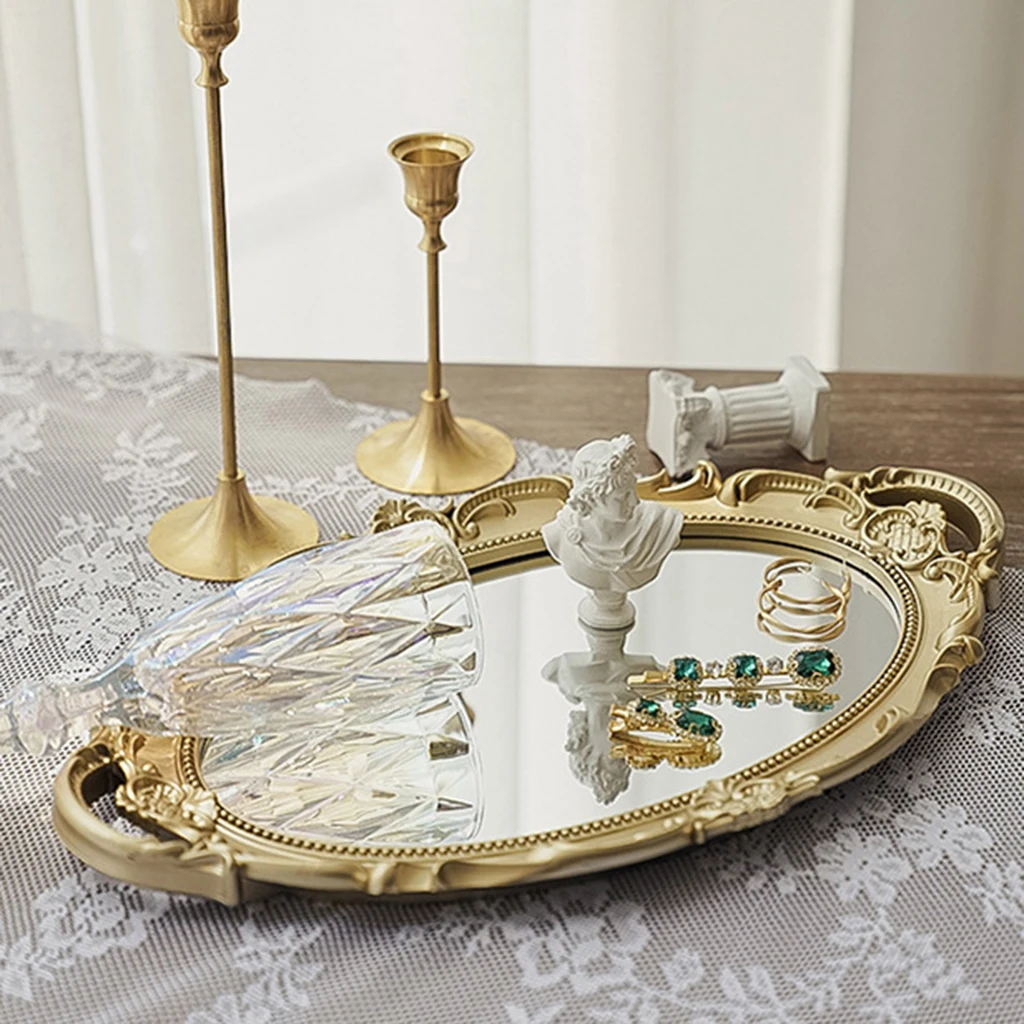 European Mirror Tray Cosmetic Perfume Storage Plates Perfume Retro Vanity Mirror Tray for Display Jewelry Dresser Mirror Decor