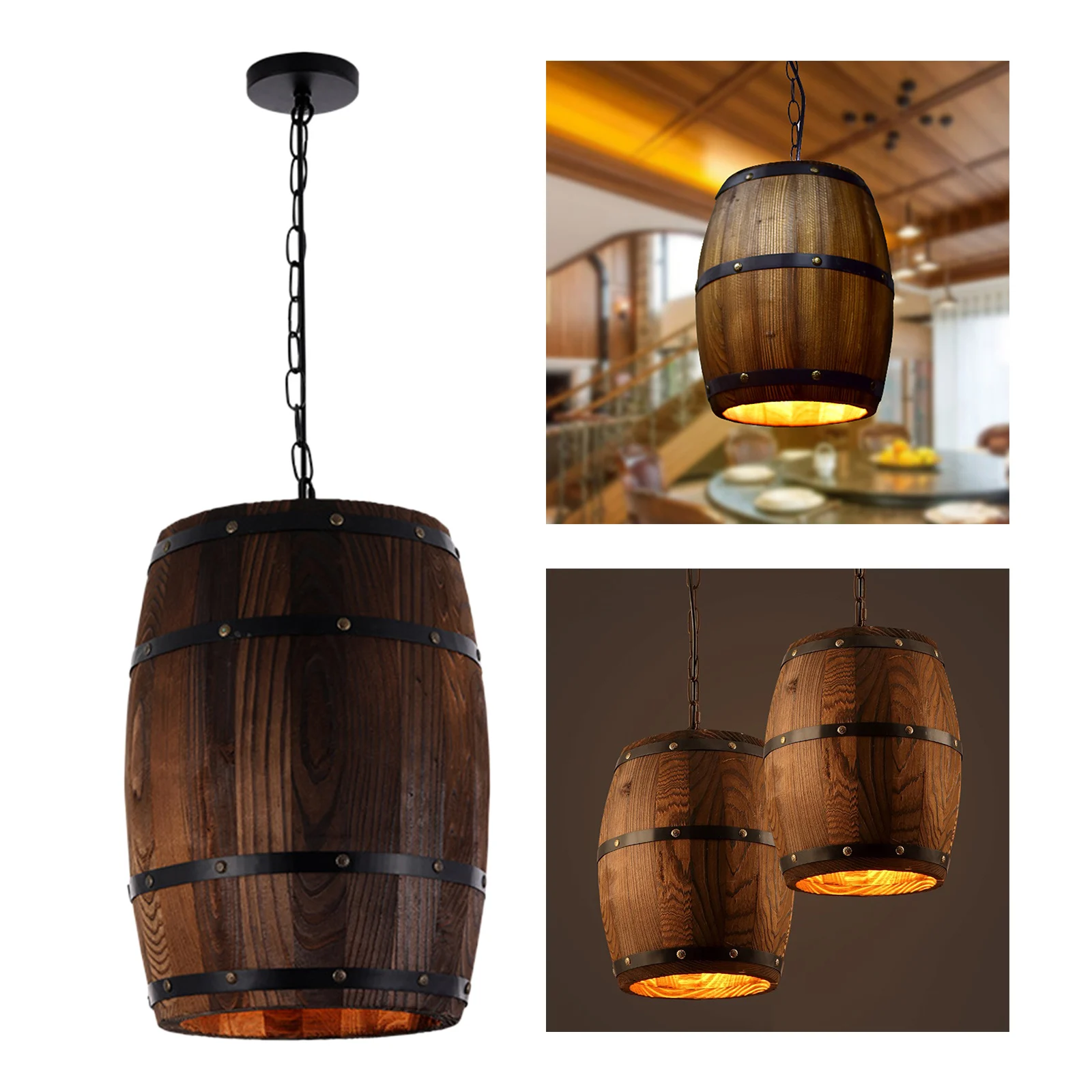 Antique Wood Art Wine Barrel Shade Hanging Pendant Ceiling Lamp Lighting Rustic Bar Cafe Light Fixture Decorative