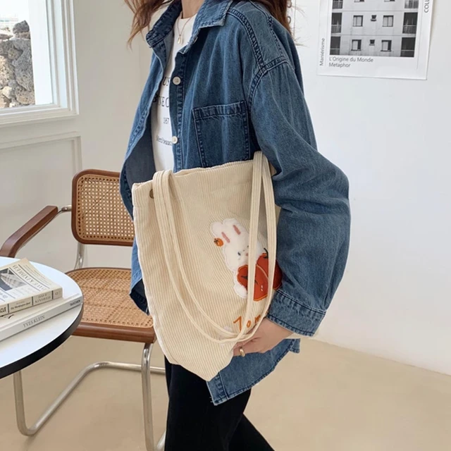 Corduroy Shoulder Bags For Girl Sweet Cute Casual Totes Japan