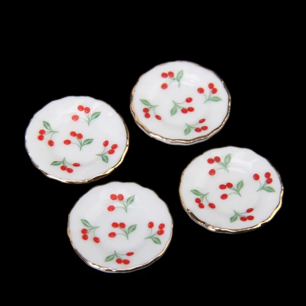 15 Pcs Dollhouse Miniature Porcelain Tableware Tea Set Dish Plate Red Cherry