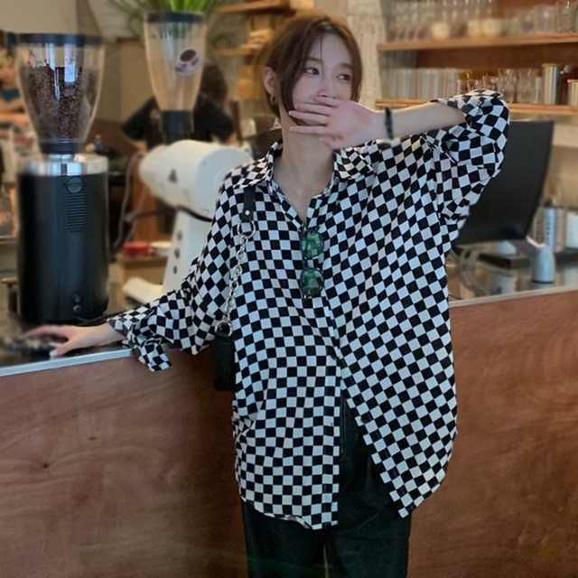 Women Long Shirt Sleeve Black Plaid Blouse | Black White Checkered