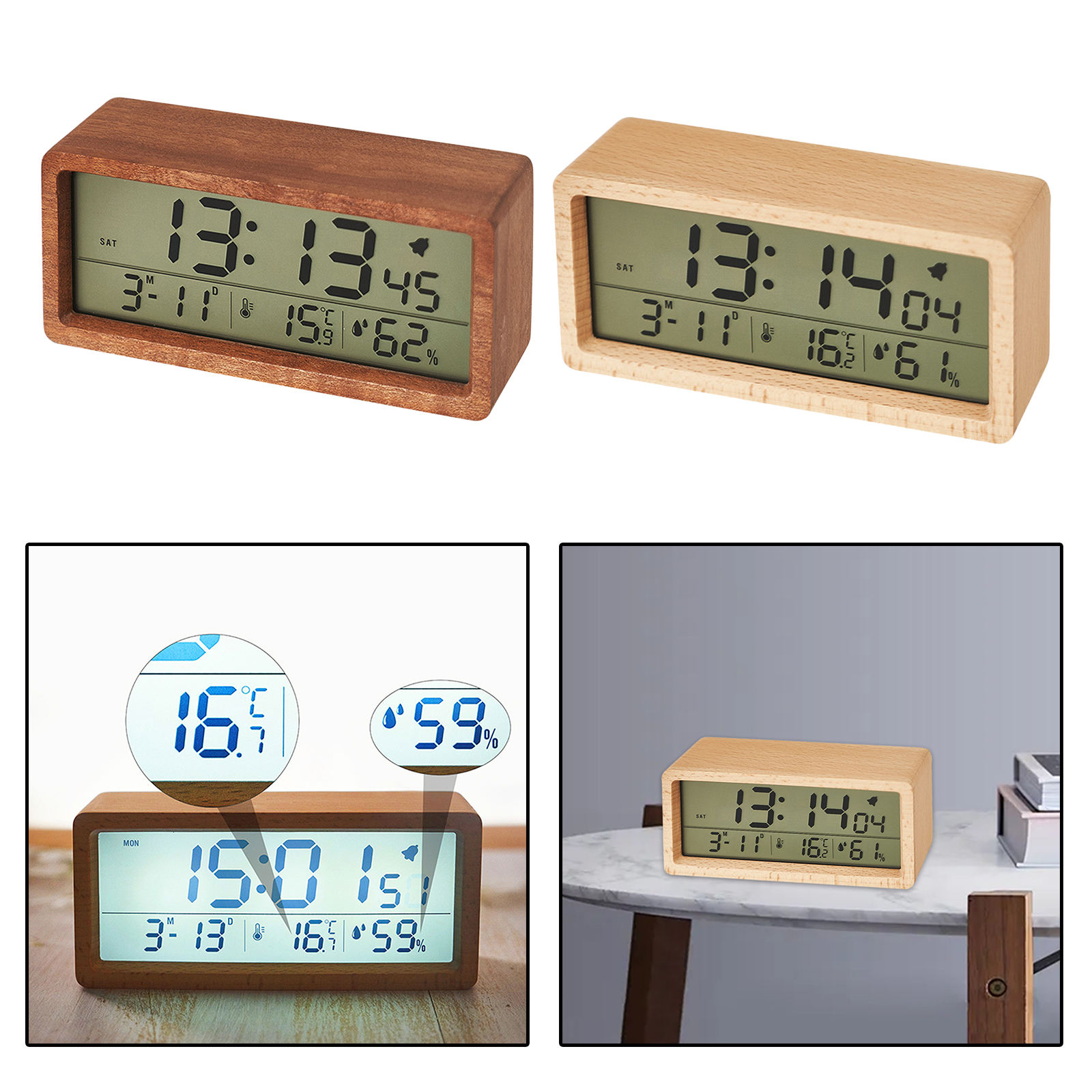 Wood Battery Powered Alarm Clock Humidity Temperature Week Time Display Snooze Mode Bedroom Bedside Kids Room Clocks