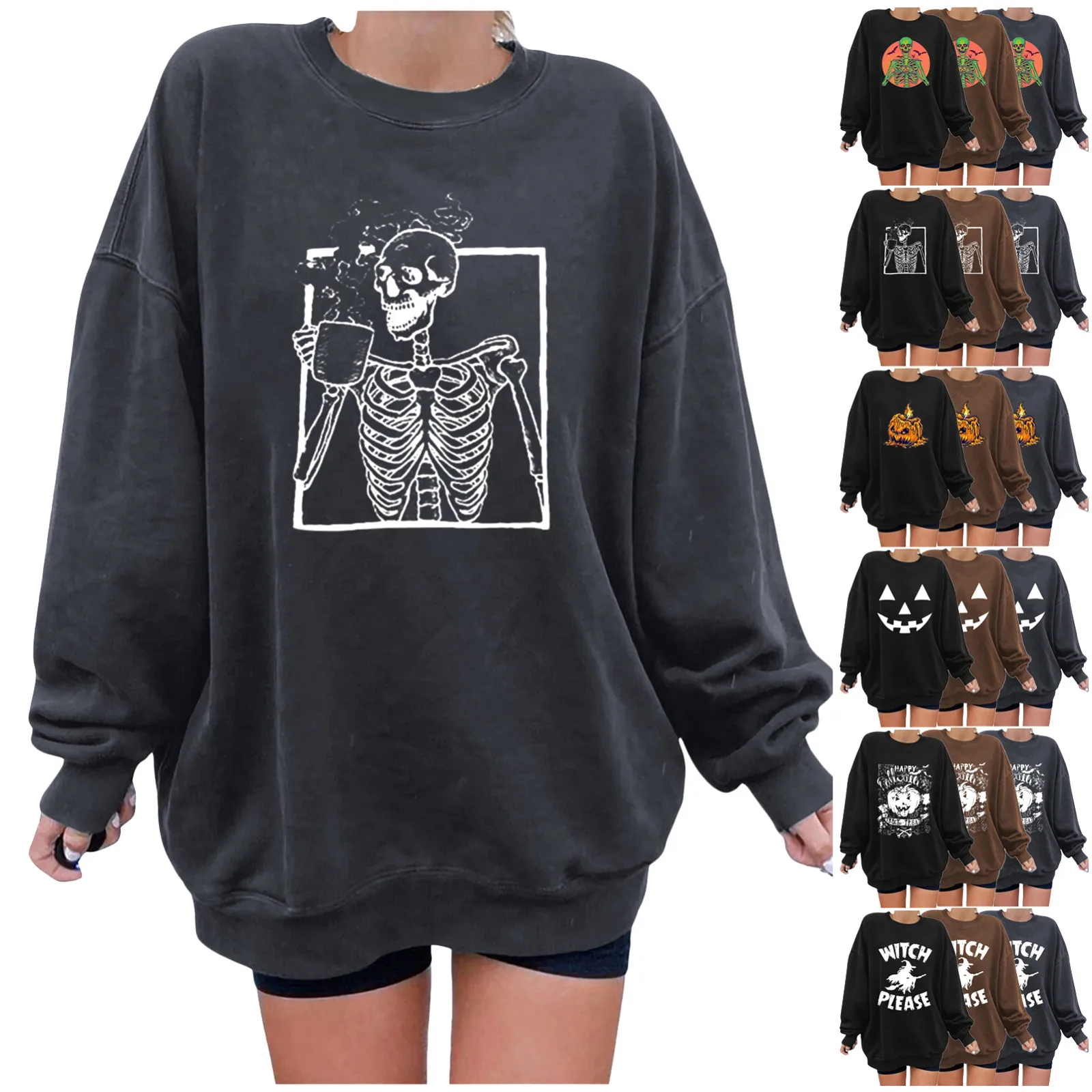 Halloween Shirts for Womens Plus Size Tops Pumpkin Skeleton Hands Sweatshirt Long Sleeve Loose Blouse Crewneck Tunic 