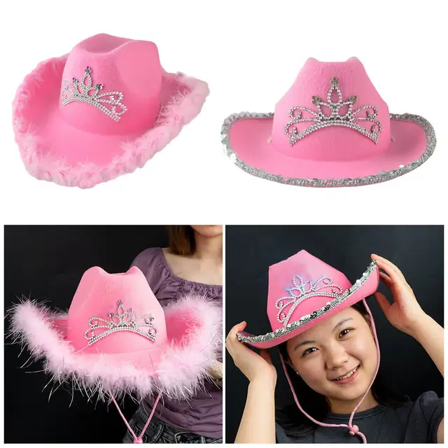 Cappello da Cowboy in stile occidentale cappello da donna alla moda rosa  tesa larga con cappello da Cowgirl con diadema a corona con decorazione di  paillettes