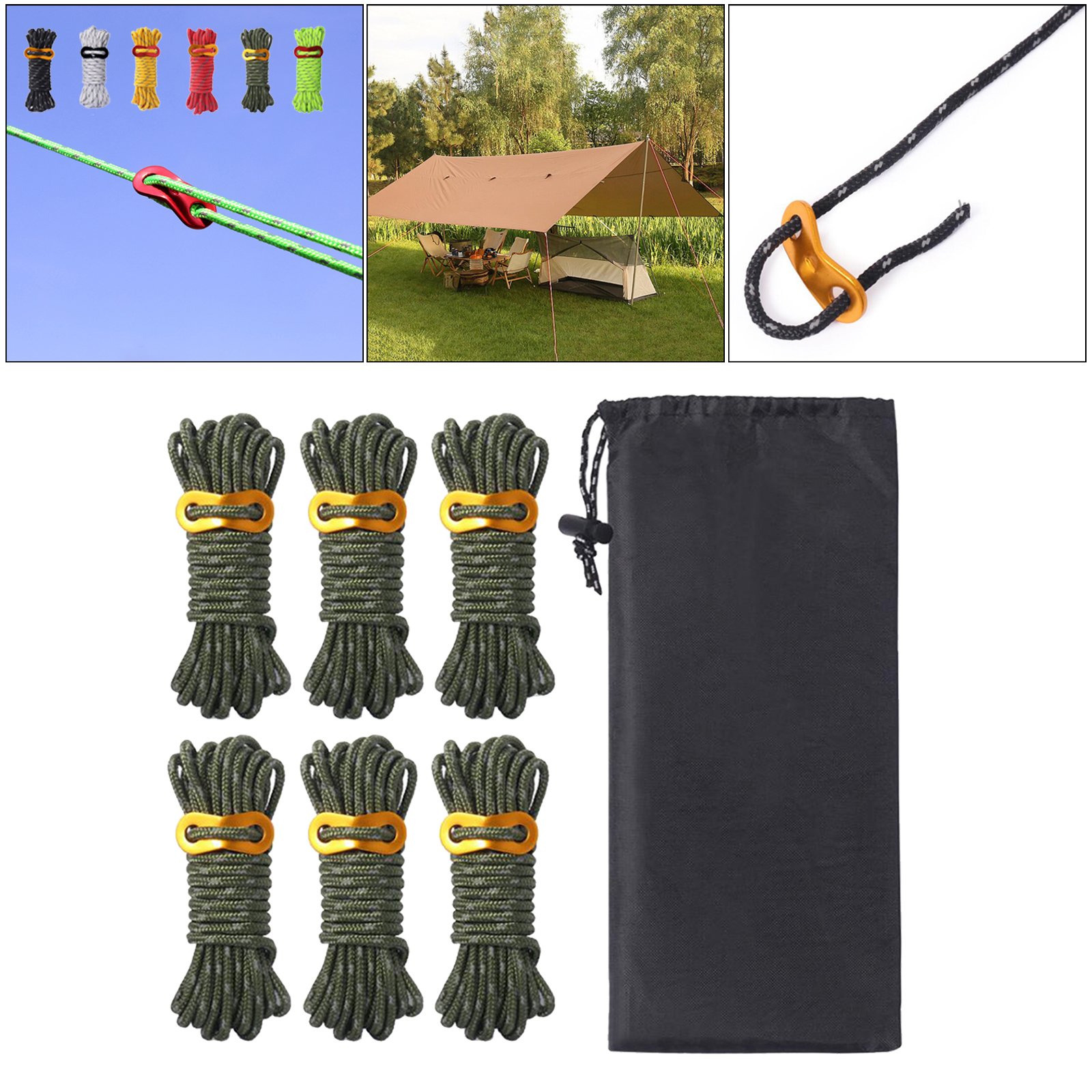 6psc/set Outdoor Camping Tent Cord Windbreak Reflective Wind Rope With Rope Buckle