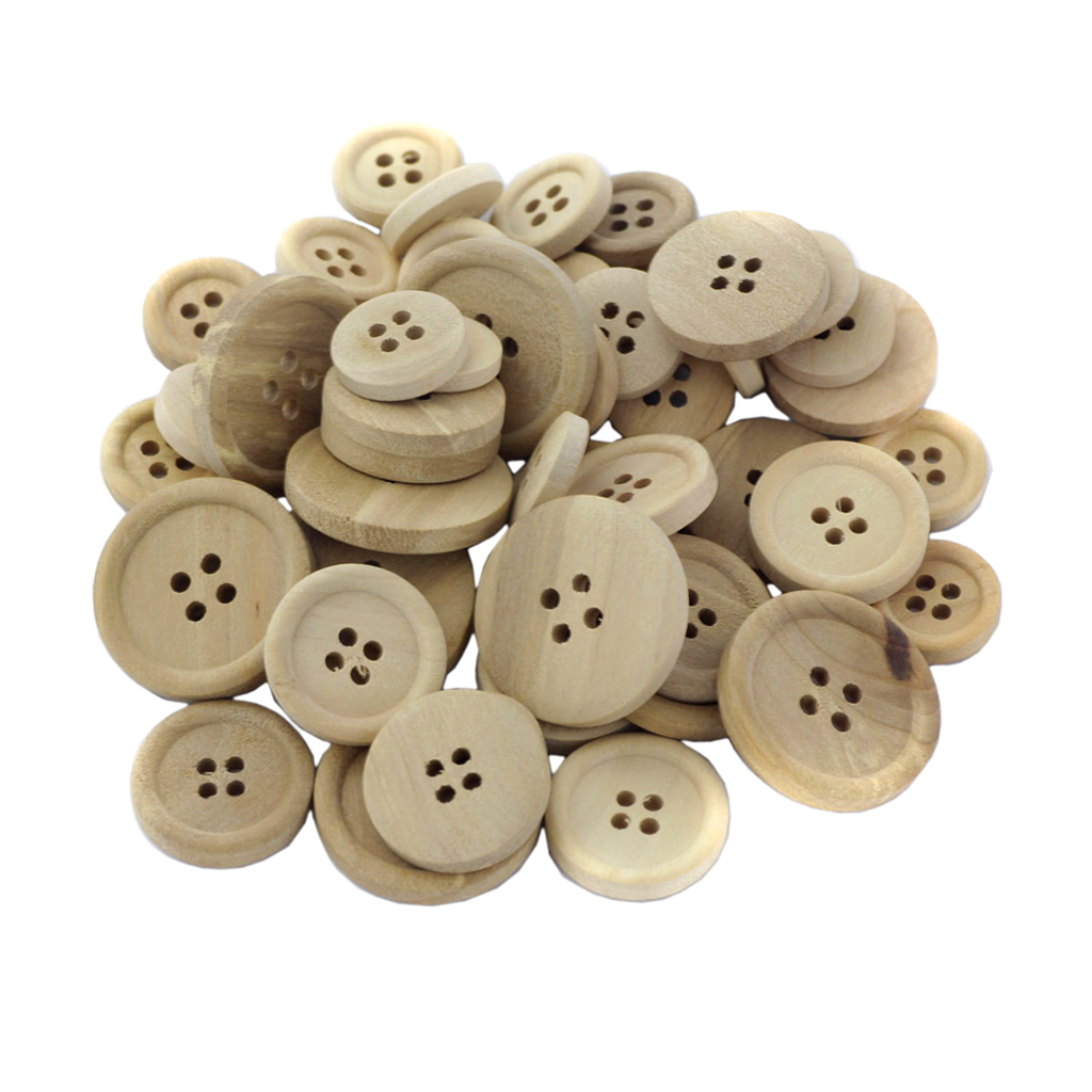50 NATURAL ROUND WOODEN BUTTON MIXED SIZE SEWING HABERDASHERY CARD SCRAPBOOK
