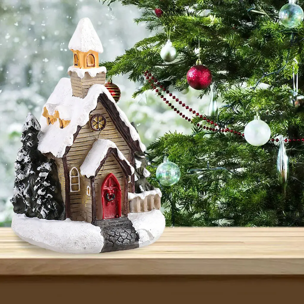 Resin Mini Christmas LED House Warm Light Miniature Village Dollhouse Farmhouse Set Xmas Desktop Garden Decoration Gift