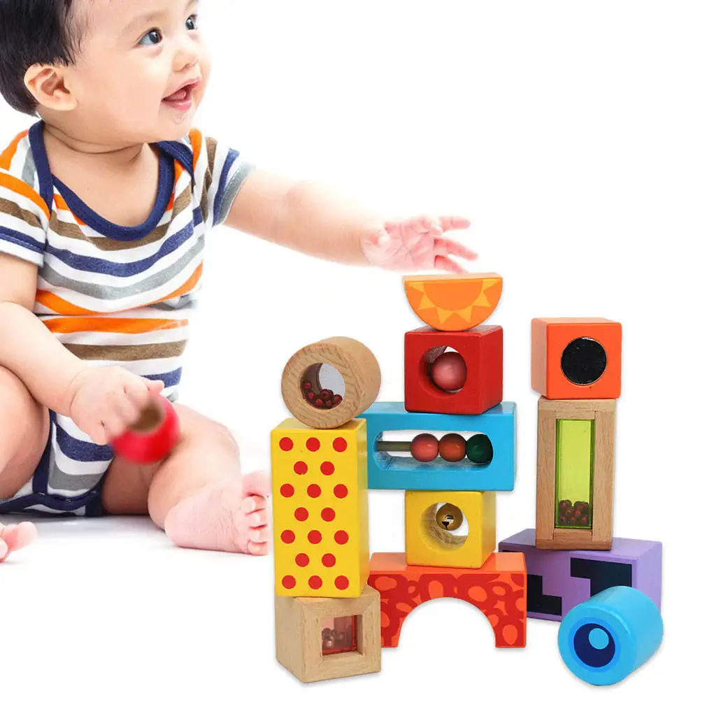 12x Wooden Geometric Shape Stack Block Puzzle Preschool Eucational Toys for