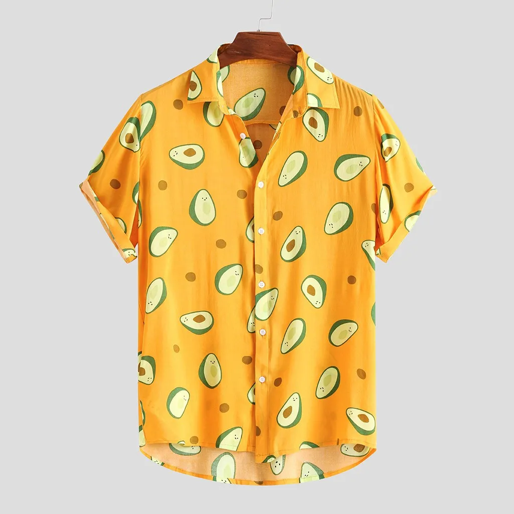 Mens Avocado Print Shirt Summer Button Loose Streetwear Tops Turn Down Collar Short Sleeves Casual Hawaiian Shirts Chemise Homme