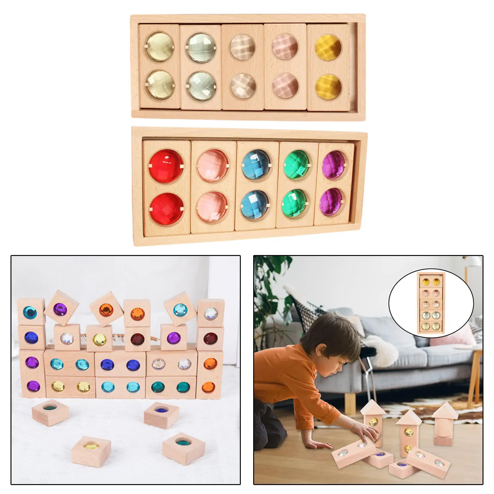 Wooden Toy Translucent Building Blocks Set Rainbow Gemstone Blocks for Preschool Toddlers
