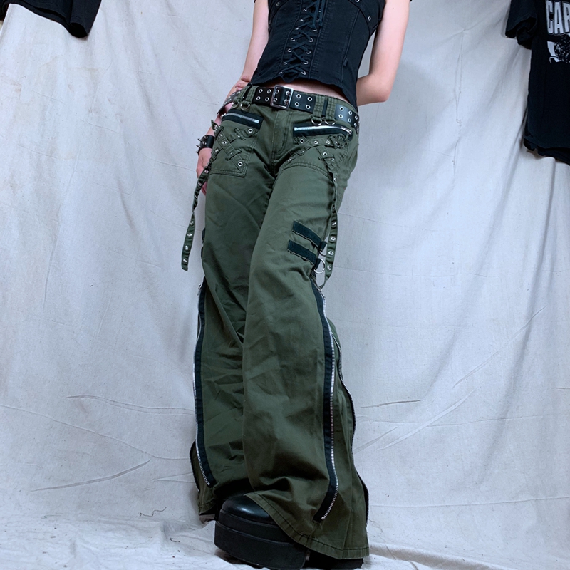 mulheres verde zíper calças de brim grunge punk gótico baggy retro bandagem calças compridas baixo aumento carga moletom feminino coreano