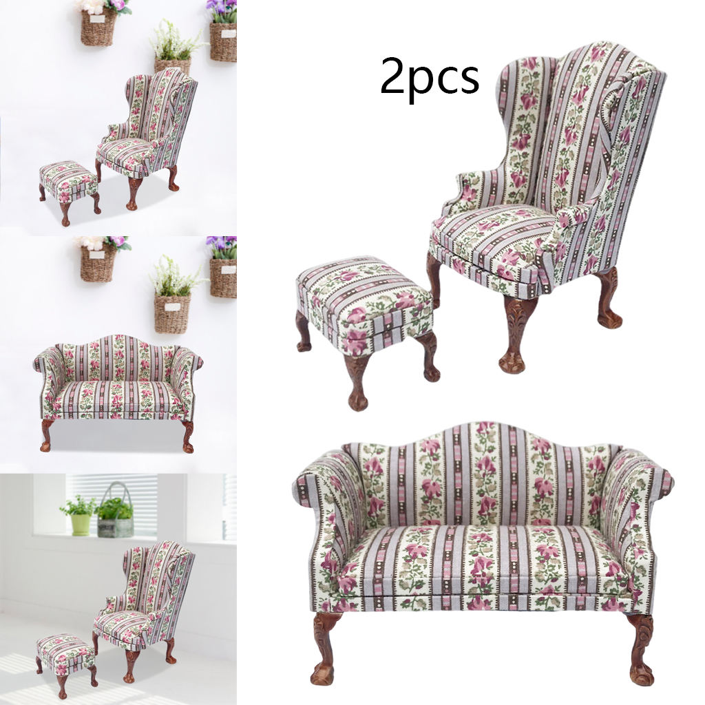 5 Dollhouse Sofa 1/12 Scale Furnish Floral Pattern Wooden Armchair Low Stool