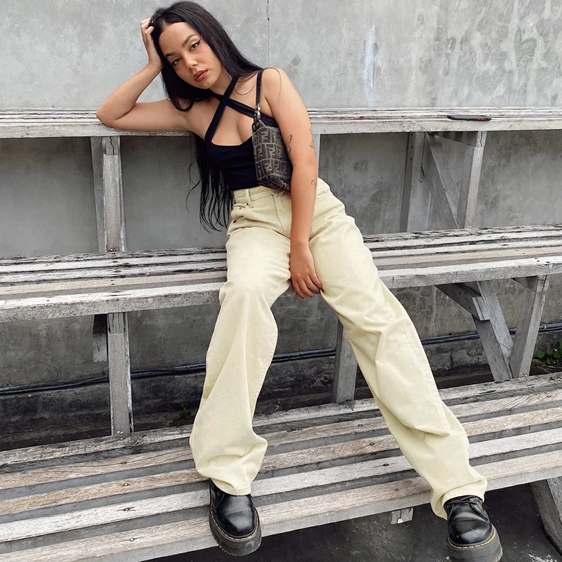 Women Spring Autumn Fashion Casual Jeans High Waist Trousers Straight Pants Shopping Dating Wear Brown Khaki Beige Regular Size buckle jeans