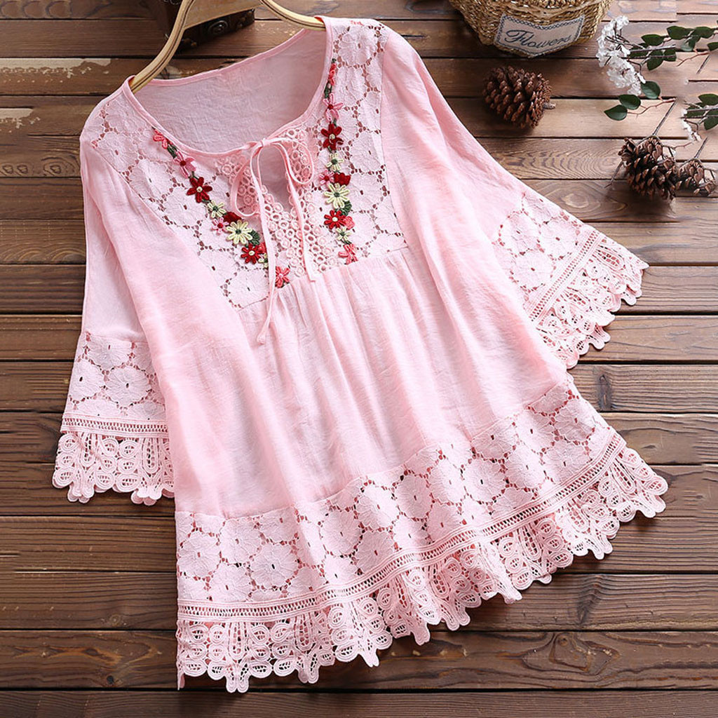 camisa feminina de renda rosa de três quartos bonito flor bordado fino puro blusas casuais túnicas femininas