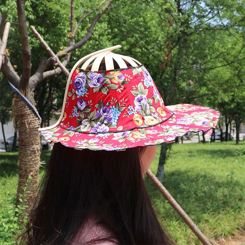 Poachers Adjustable Sun Hat to Handheld Folding Fan Portable All-Match Beach Foldable 2 in 1 Hand Outdoor Protection Bamboo for Traveling Novel Hats Breathable Chinese Style Floral Printed Summer