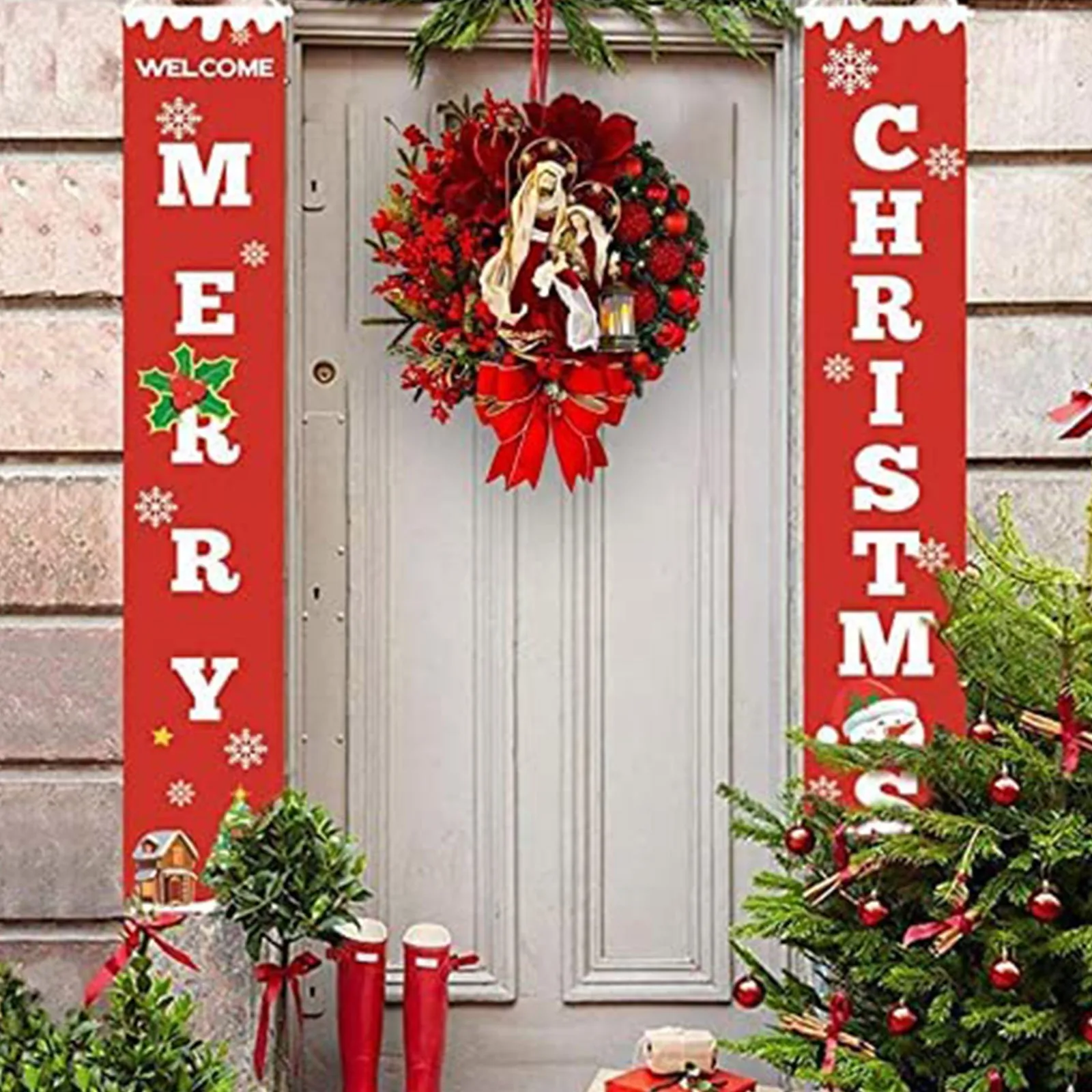 Retro and Sacred Red Christmas Wreath,Artificial Christmas Garland for Front Door,Lighted Nativity Scene Christmas Wreath for Front Door and Home Decor 15.7 inches Christmas Wreath with Lights 