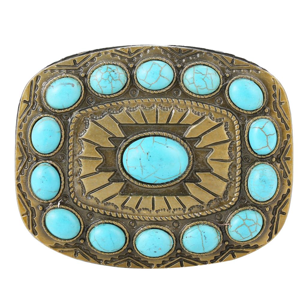 Rodeo Turquoise Bead Belt Buckle Boho Engraved Indian Bronze  Buckles