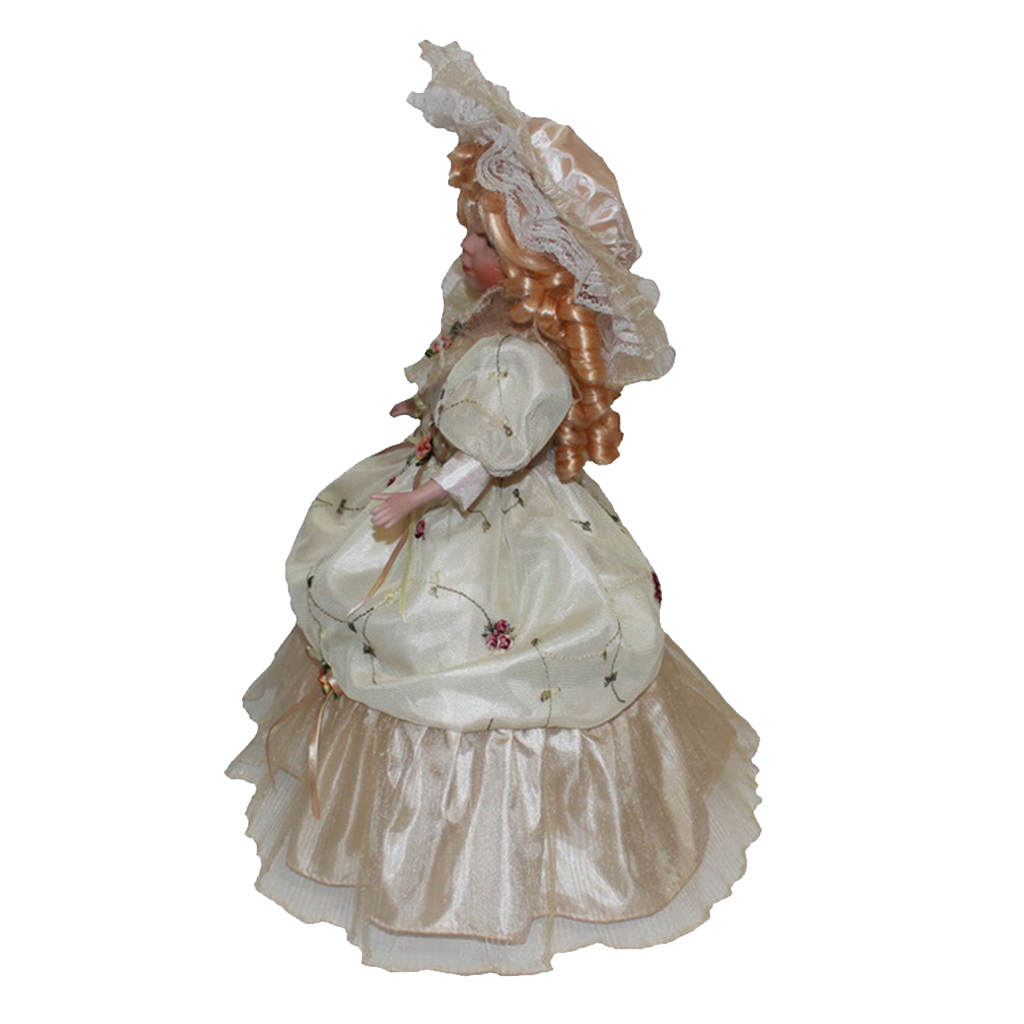 40cm Victorian Porcelain Doll with Beige Long Dress Hat Home Display Decor