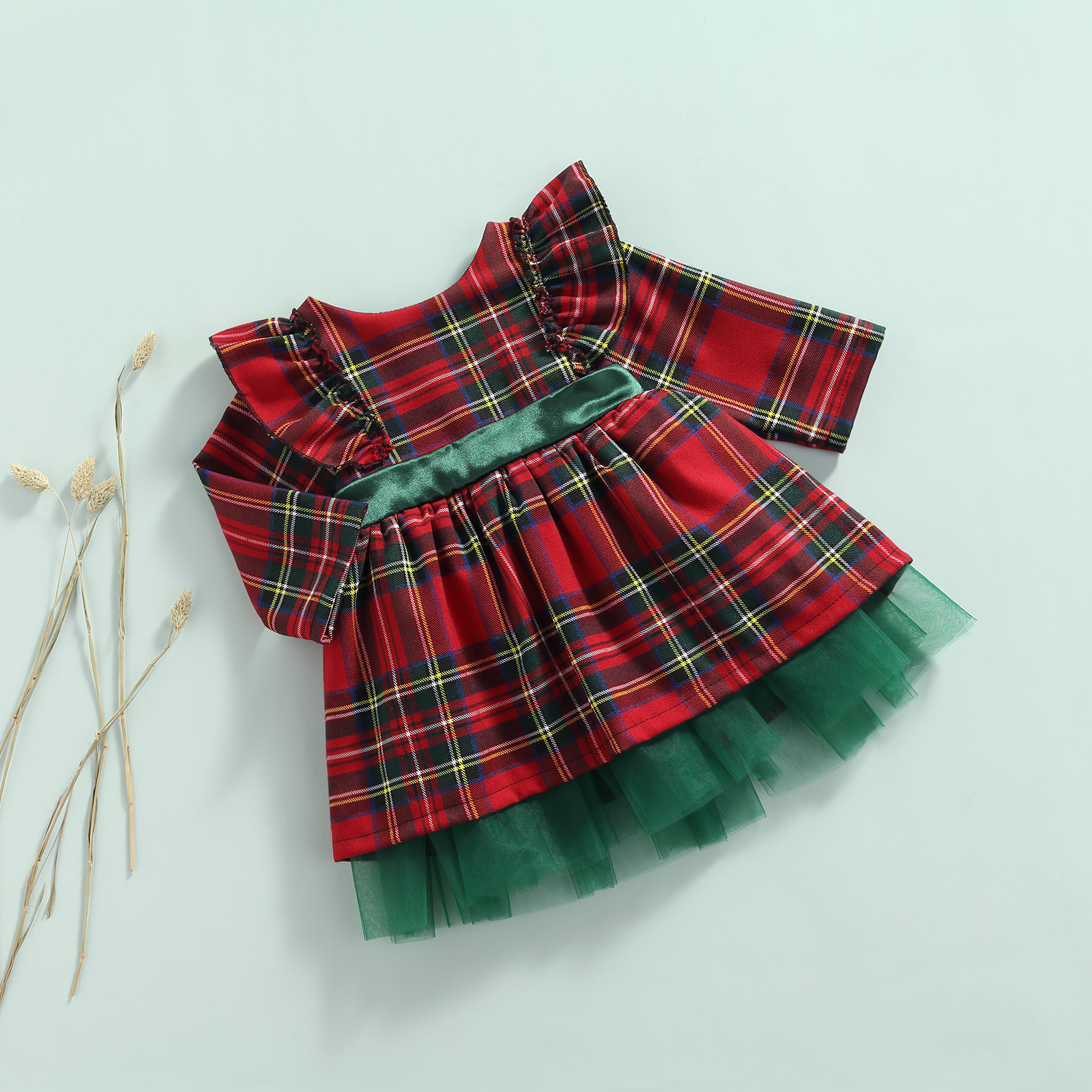 FOCUSNORM 0-6Y Prinzessin Baby Mädchen Weihnachten Party Kleid Plaid Gedruckt Rüschen Langarm Big Bowknot Spitze Tutu Kleid – Detail 2