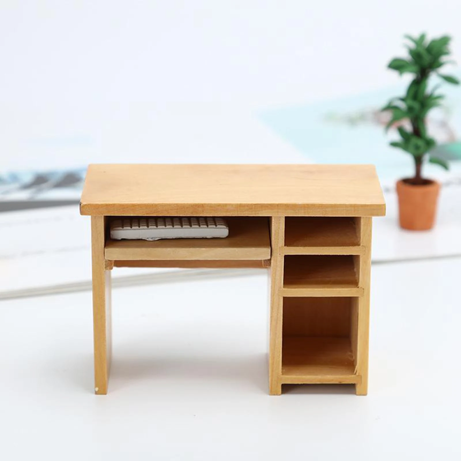 Cute Miniature Wooden Computer Desk with Mouse and Keyboard, 1:12 Scale Dollhouse Accessories Model