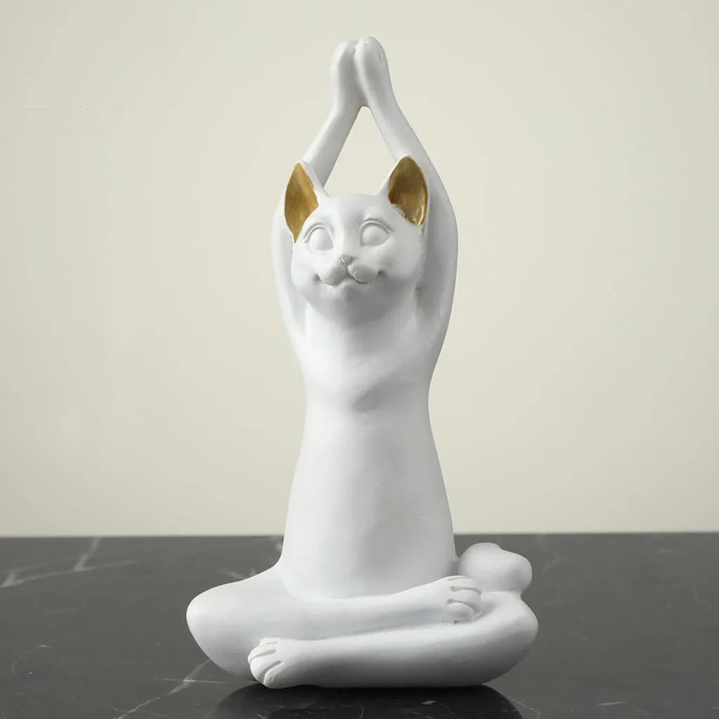 Resin Yoga Cat Statue Home Office Tabletop Cats Figurine Ornament Crafts