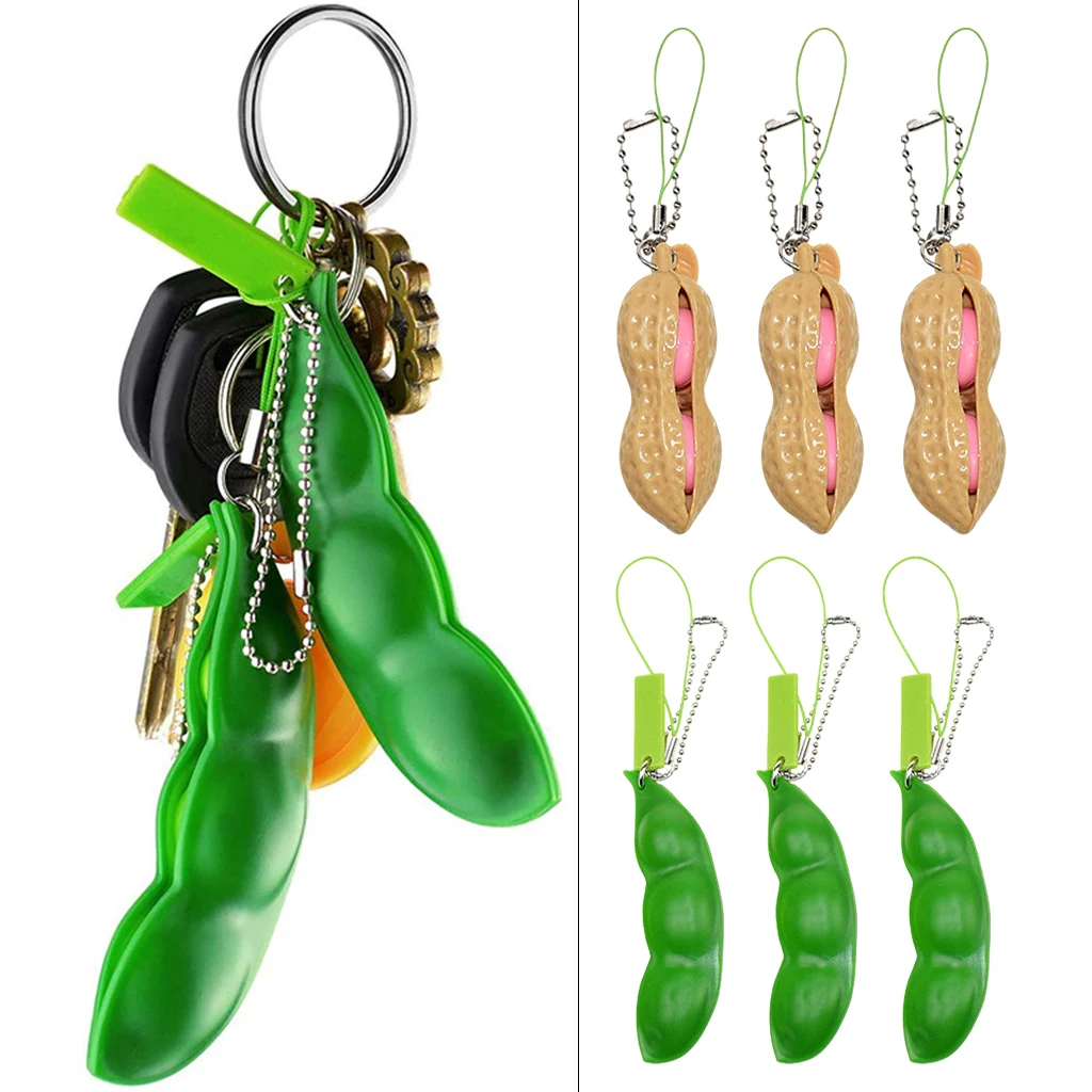 6pcs Squeeze Edamame Bean Peanut Stress Relief Toys Anti-Anxiety Pea Pod Fidget Toy Infinite Squeeze Peanut Keychain 