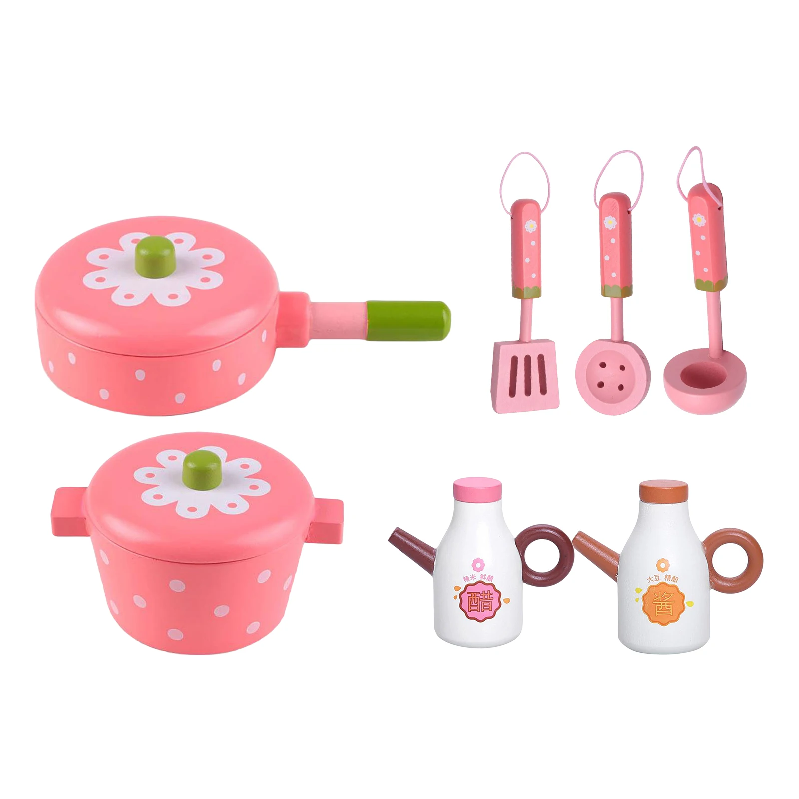 7PCS/Set Mini Kitchen Toys Pretend Cooking Pink Wooden Cookware Pot Pan Miniature Utensils Role Playing Learning Kitchen Toy