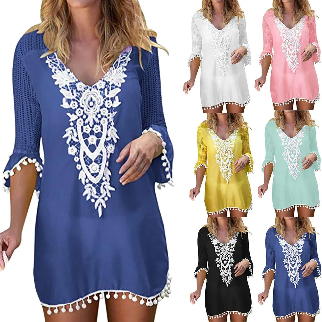 mesh bathing suit cover up Tassel Beach Dress Tunic Lace Crochet Cover Up Sexy Swimwear Women Loose Solid Bikini Cover-ups Bathing Suit Ladies Swimsuit Beach Robe Cover Up