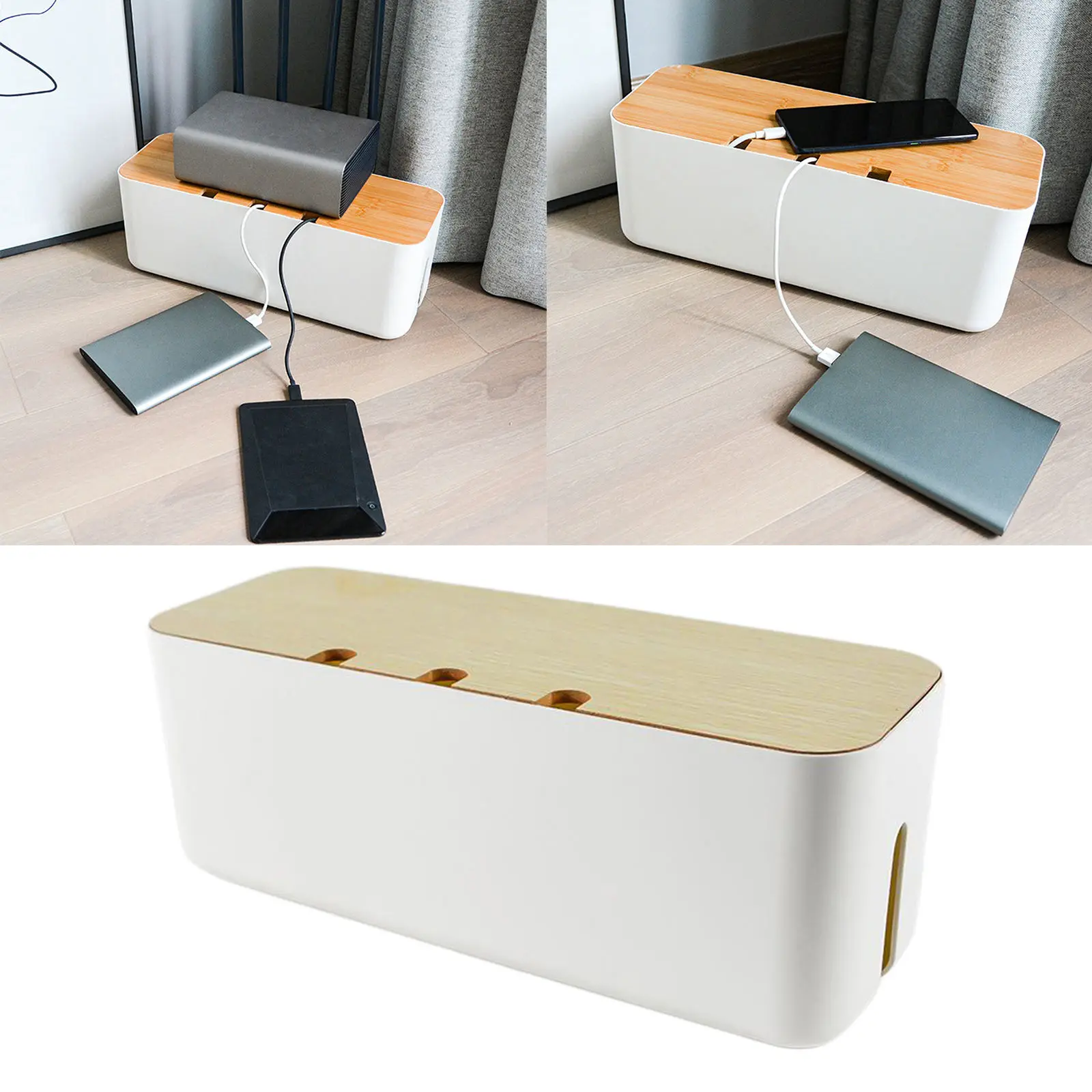 Cable Management Box ABS Wood Lid Wire Cable Organizer Box Power Stripe Surge Protector Covering Hiding for Desktop Home Office