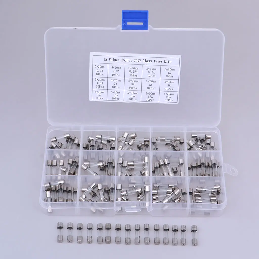 15 Values 150pcs Fast-blow Glass Fuses Assorted Kit 5x20mm With  Box