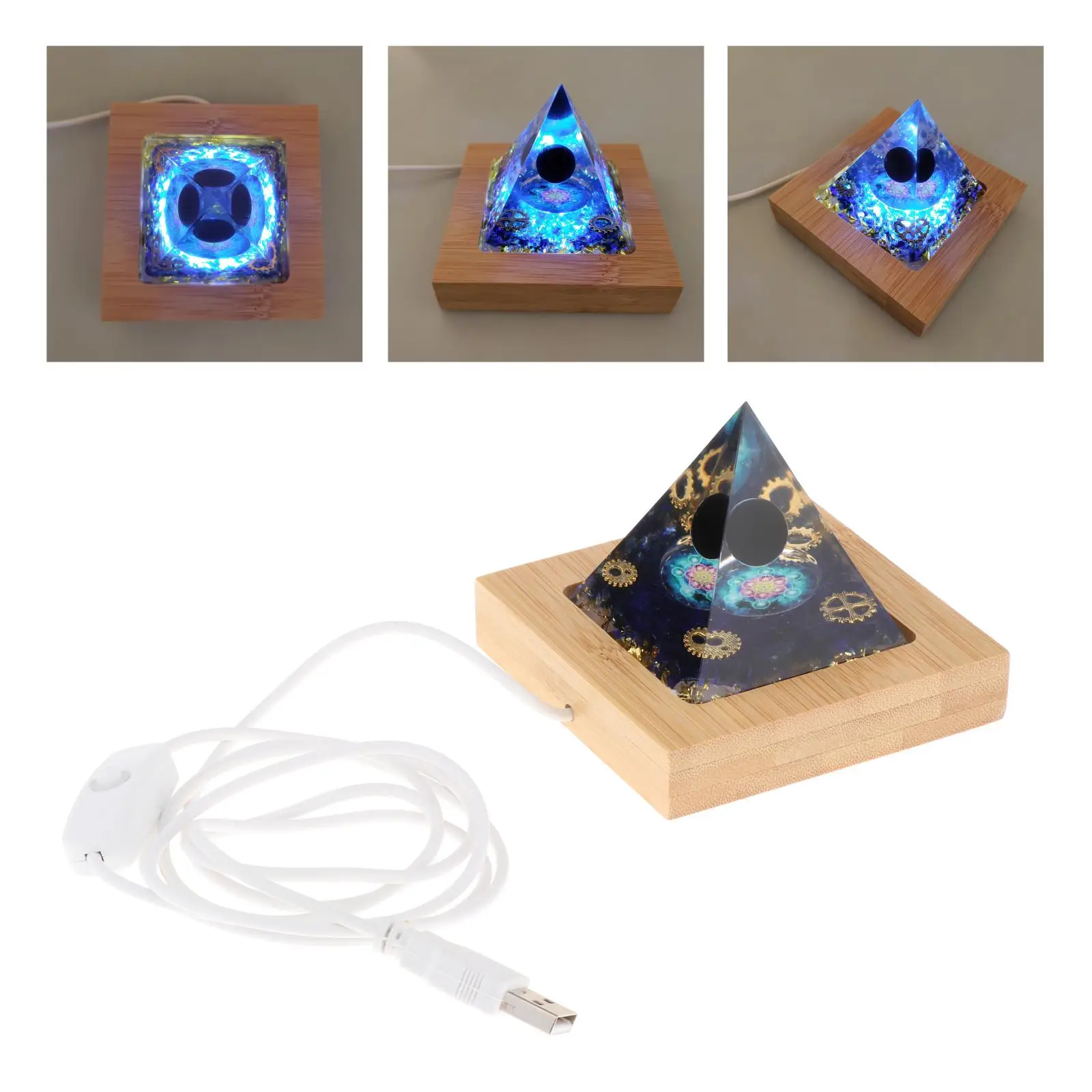 Large Orgone Pyramid w/ LED Light Wooden Base Blue Crystal Meditation Stone Decor
