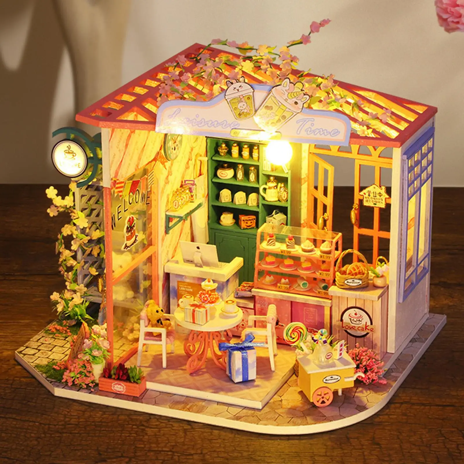 Handmade DIY Dollhouse Miniature Kit with LED Light & Battery Case Furniture Set Wood House 3D Building Puzzle Birthday Gifts