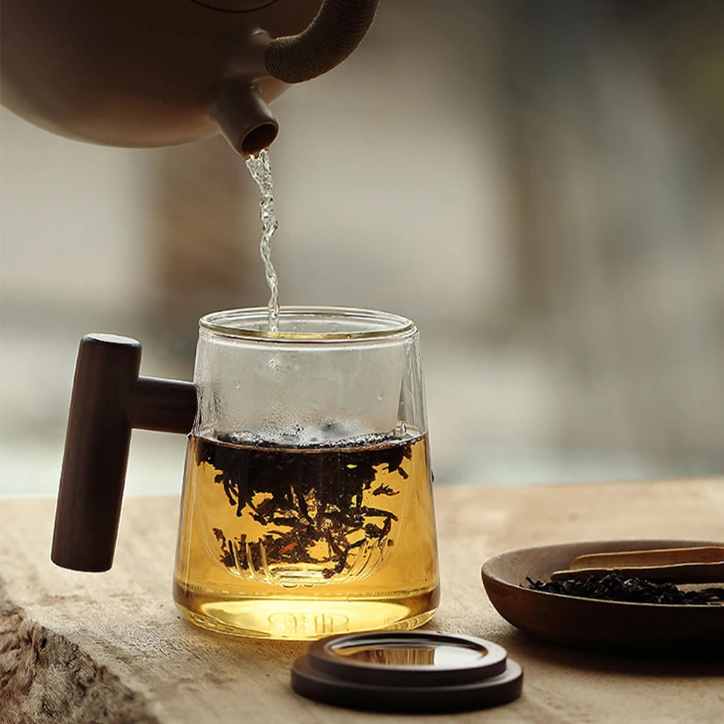 300ML Creative Transparent Tea Cup wiIth Wooden Lid Cover Handle For Water Milk