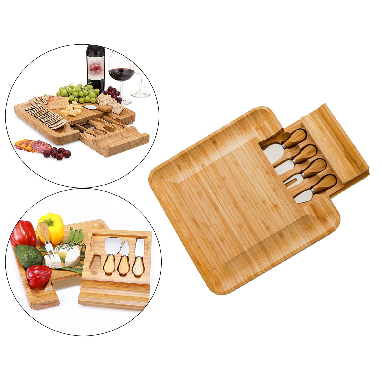 Square Bamboo Cheese Board  Platter & Knife Set Slide-Out Drawer