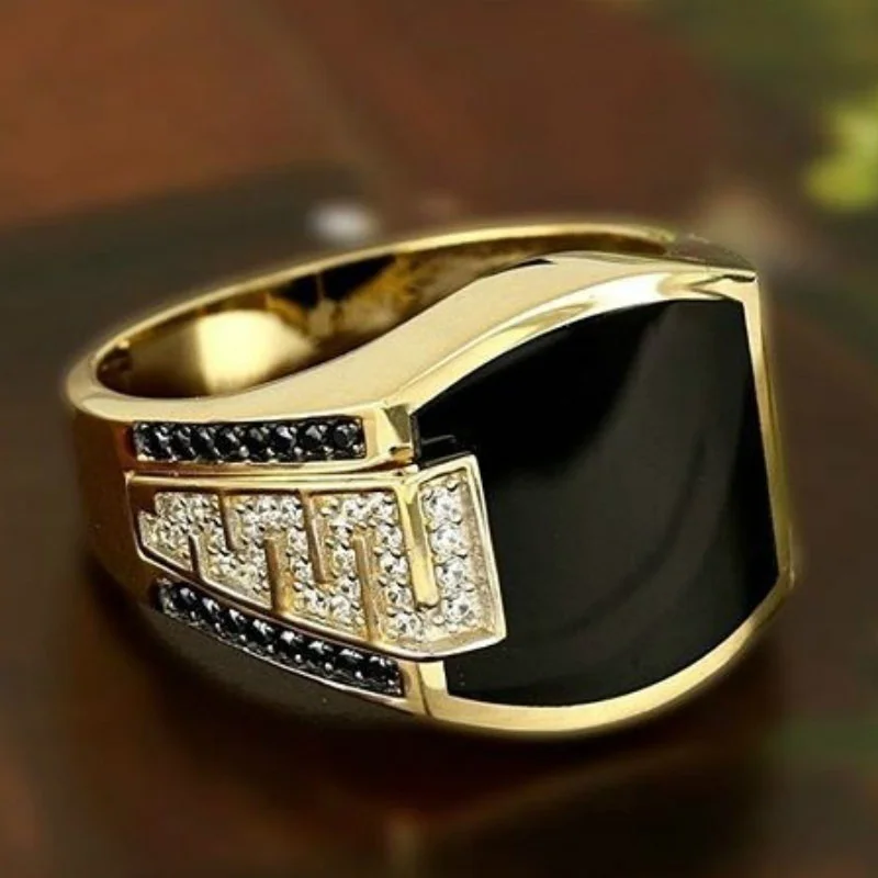 H676706f1822546b09af64d93f728f59dX Classic Men's Ring Fashion Metal Gold Color Inlaid Black Stone Zircon Punk Rings for Men Engagement Wedding Luxury Jewelry