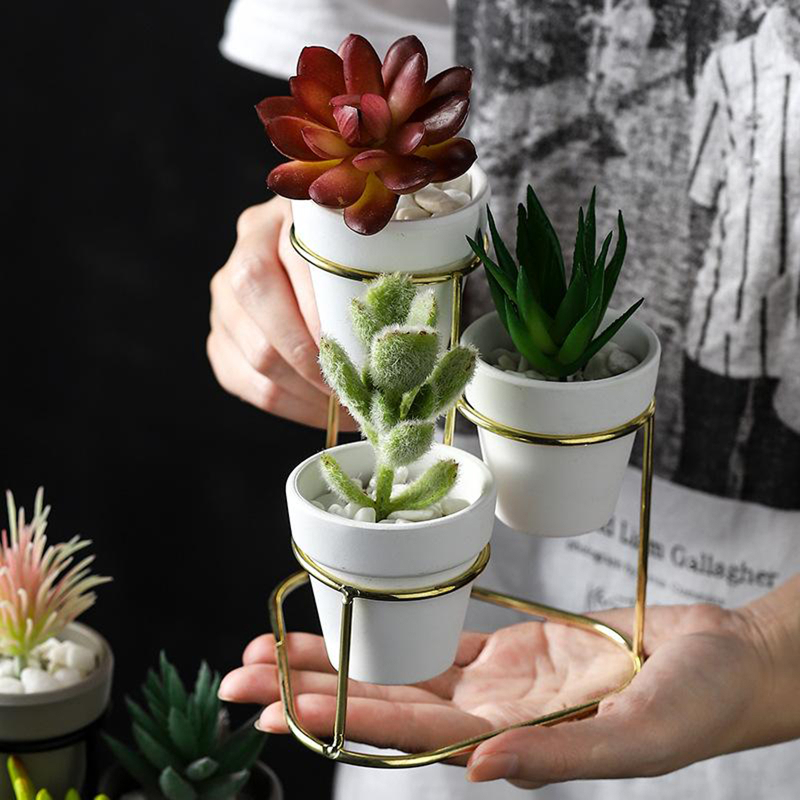 3Pieces Ceramic Succulent Pots Flower Planter with Metal Plant Vase Stand Holder Shelf Rack Home Decor