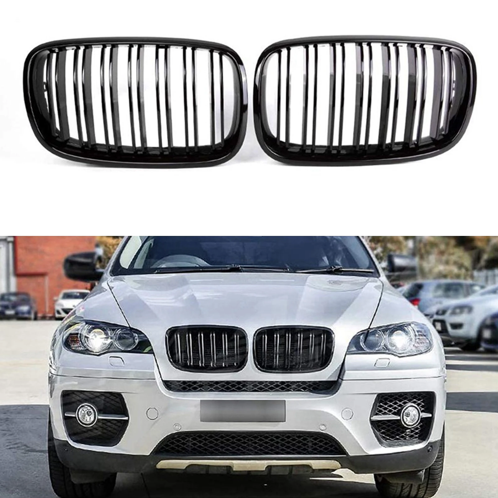 Black Front Kidney Double Line Grill Grille for BMW X5 E70 E71 2007 2008 2009 2010 2011 2012 2013, ABS Gloss Black Grill Set