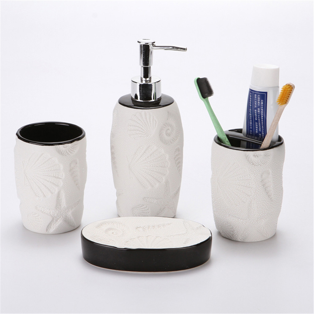 4pcs Ceramic Bathroom Set Soap Dispenser Tooth Brush Holder Cup Soap Tray