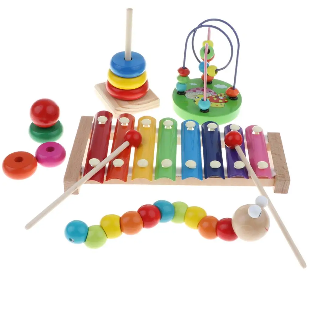 4PCS Montessori Educational Wooden Toy - Music Color & Shape Puzzle Cogniton Learning Xylophone Ring Tower Set #B