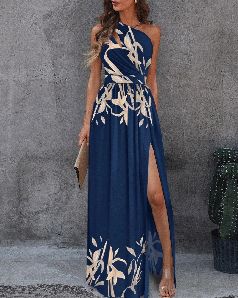 Plants Print High Slit Cutout Maxi Dress Women One Shoulder Sleeveless Casual  Dress - Dresses - AliExpress