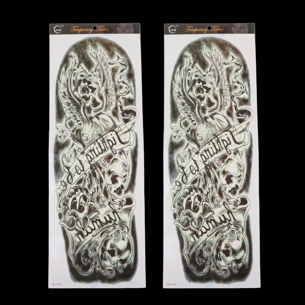 2pcs Temporary Tattoo Sleeves, Large Fake Black Full Arm Tattoo Stickers Skull & Rose Pattern