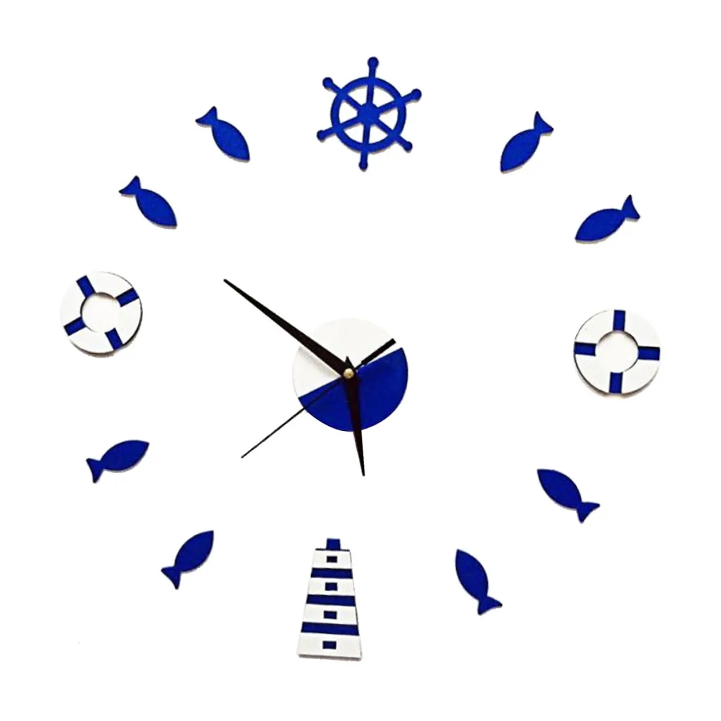 Mediterranean Style Wall Clock Rudder Tower Small Fish DIY Mute Clock