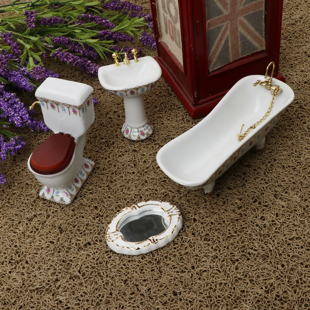 1/12 Dollhouse Miniature Bathroom Furniture Kits Flower Bathtub and Toilet Set #2
