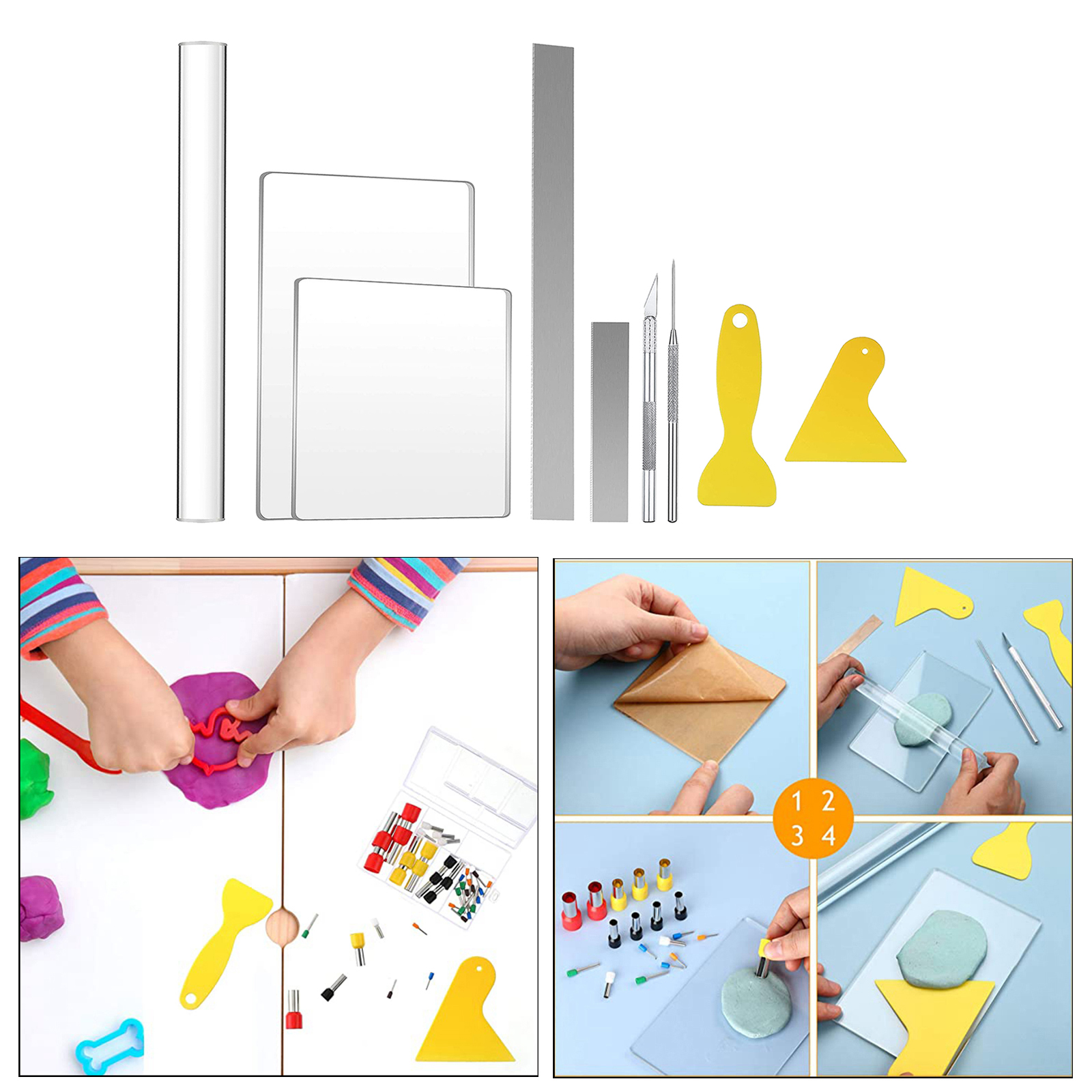 9 Pieces DIY Polymer Clay Tool, Include Acrylic Clay Roller, Acrylic Sheet, Clay Needle, Clay Cutter, Scraper Backing Board